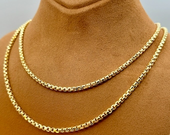 14K Real Gold Box Chain Necklace and Bracelet: 3.5mm Thick, Authentic Gold
