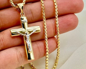 14k Solid Gold Cross Necklace with 2.5mm Box Chain