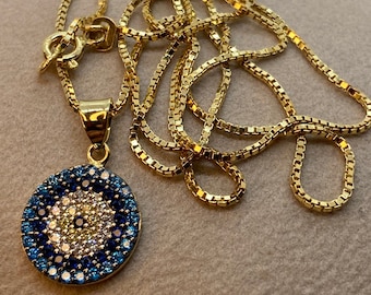 18k Gold Evil Eye Necklace 19.5",1mm , 18k evil eye Pendant with Box chain  necklace ,Gift For Her, defense toward of the Evil eye