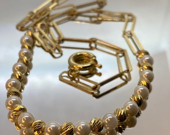 18k Gold paperclip necklace with pearl and Diamond cut orb design , cultured pearls, 18K solid gold paperclip beaded necklace, gift for her!