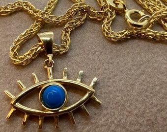 14k Gold Evil Eye Necklace, 14k evil eye Pendant with foxtail necklace , For Her ,Gift For Her, defense toward of the Evil eye