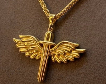14k Real Gold Wings Sword Necklace 23.5 inches/ Guardian Archangel Michael Pendant /Gold Rising Wings Necklace / symbol of strength, Hero !,