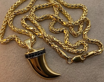 14k Solid Gold Lion Tooth Pendant  with cubic zirconia and  14k Franco chain Diamond Cut , symbol of leadership and power ,For Him ,For Her