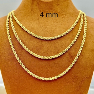18k Real Gold Rope Chain Necklace: Diamond Cut, 4mm