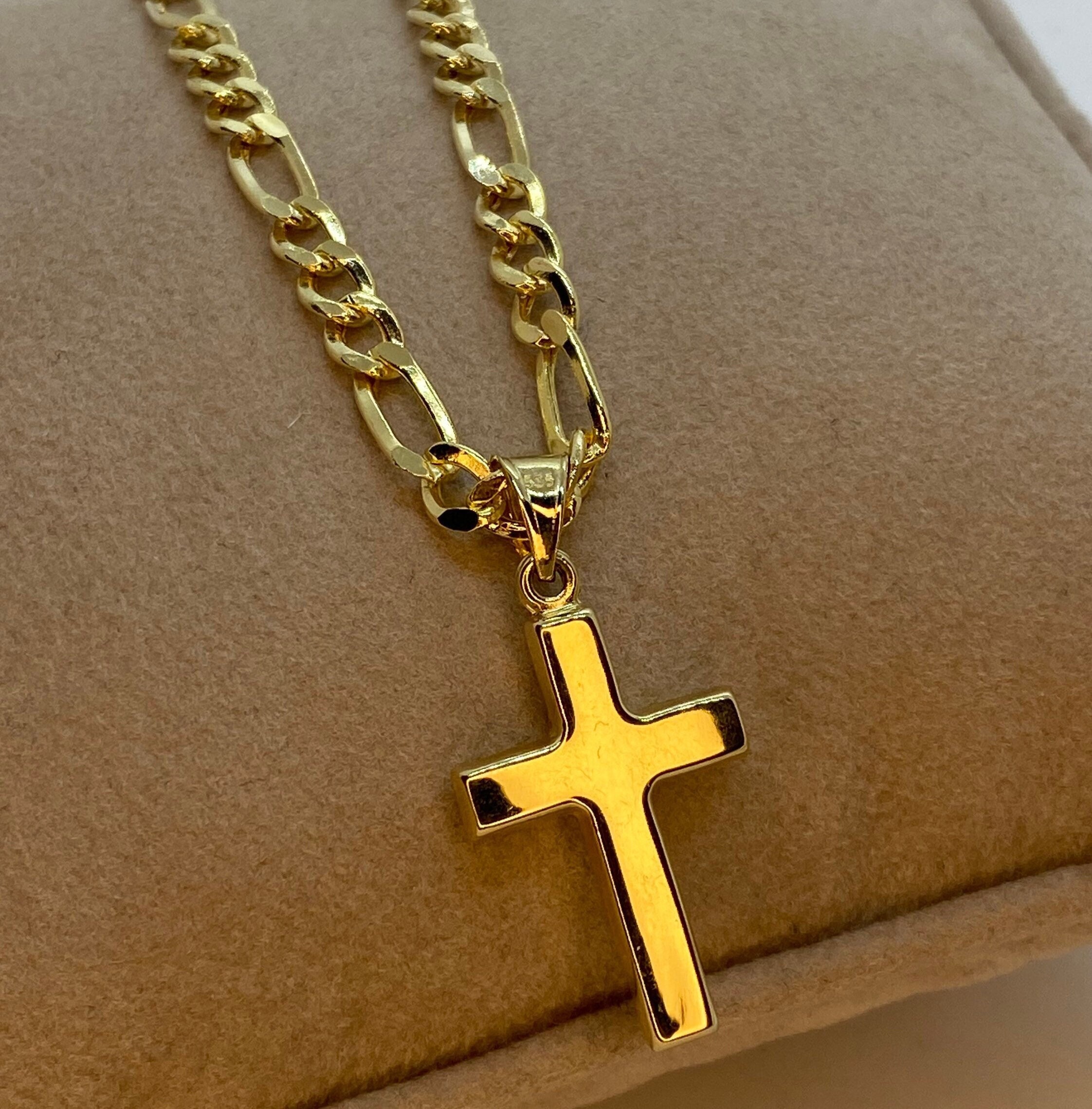 14k Gold Cross Necklace with Figaro chain Diamond Cut So Shiny and Durable 23.5 inches 4mm 14k real Gold Cross Pendant for him for her