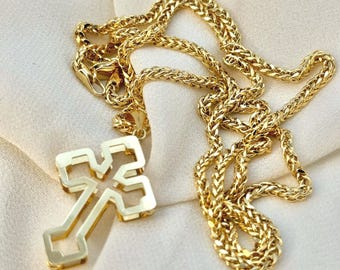 18k Gold Cross Necklace: Franco Chain Pendant, 21.5"