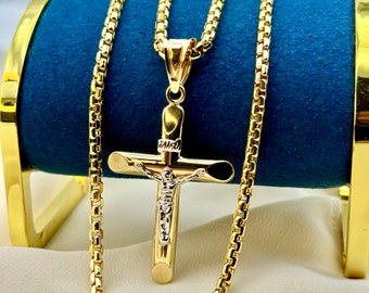 14k Gold Cross Necklace, Crucifix Cross Pendant - INRI Jesus Christ, Box chain 3.5 mm ,24" ,22",Cross Pendant ,Gold Cross Necklace, Gift.