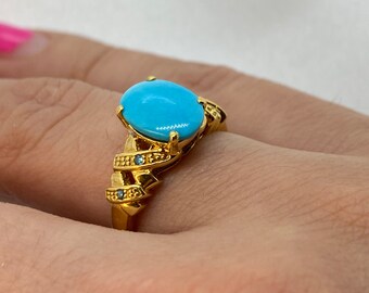 18k Solid Gold Natural turquoise Ring with Blue Diamond , Turquoise ring , For Her , Birthday Gift , Sign of Sagittarius , birthstone .