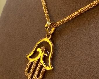 14k Solid Gold Hamsa Hand Necklace , Nazar Charm Pendant, Fatima Hand Necklace