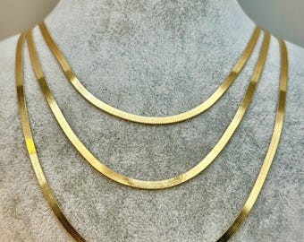 18k Solid Gold Herringbone Necklace or Bracelet : Flat Snake Chain Choker