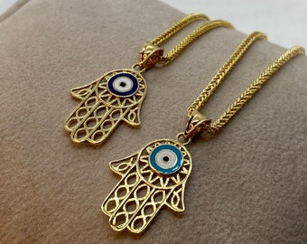 18k Gold Evil Eye Necklace 19.5",1.5mm , 18k Real Gold evil eye, Hamsa  Pendant with foxtail necklace , For Her ,Gift For Her, Fatima Hand