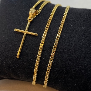 18k solid Gold Cross Necklace, curb chain, So Shiny and Durable, 24 inches, 2mm, Gift for Him , Birthday Gift, Christmas gift.