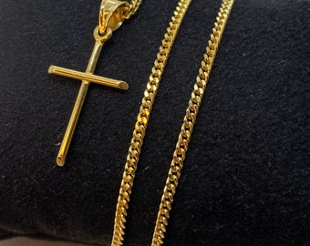 18k solid Gold Cross Necklace, curb chain, So Shiny and Durable, 24 inches, 2mm, Gift for Him , Birthday Gift, Christmas gift.