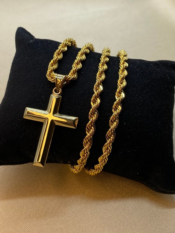 14k Solid Gold Cross Necklace With Rope 