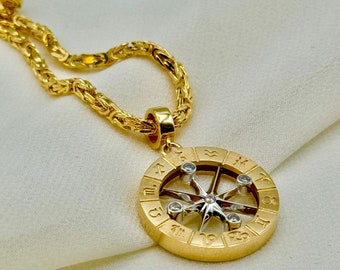 Handcrafted 14K Solid Gold Compass Necklace with 14k Handmade Byzantine Chain 20", 2.7mm - Birth Signs, Custom Pendant, Traveler Gift.
