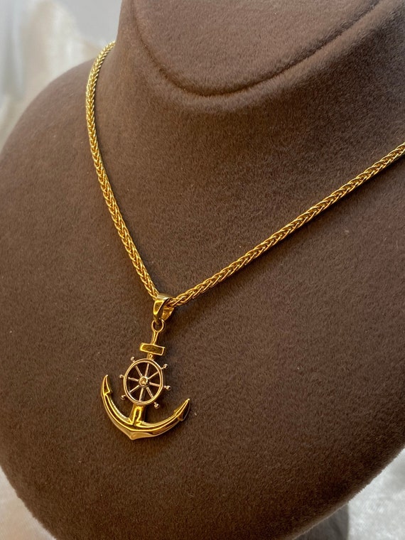 10k Gold Ship's Wheel with Anchor Pendant 18 10k Gold Ship's Wheel with Anchor Pendant 18