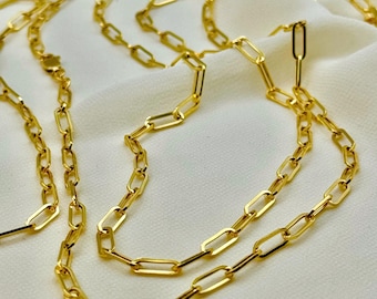 18k Gold Paperclip Chain Necklace, 3mm Oval Link.