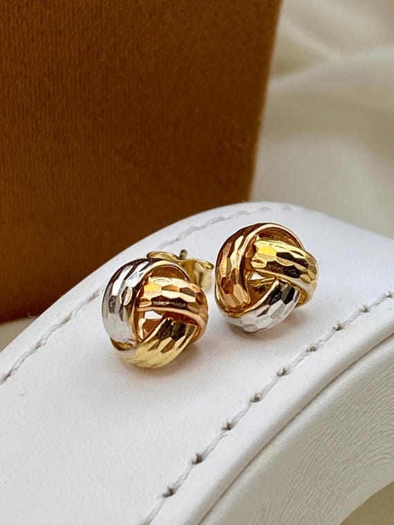 Orecchini A Bottone Carissima Oro 9 Ct - Nodo Quadrato Tricolore (Oro Rosa, Bianco, Giallo) In Regalo Lussuoso