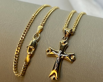 14k Gold Cross Necklace with Curb chain Diamond Cut So Shiny and Durable, 2mm, 14k real Gold Cross Pendant, for him, for her, Birthday Gift.