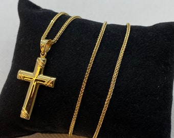 14k Gold Cross Necklace with Franco chain So Shiny and Durable, 21.5 inches,1.5mm ,14k real Gold Cross Pendant ,Gift for him ,Gift for her