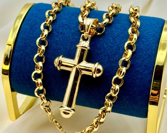 14k Gold Cross Necklace, with 22" Rolo Chain, 7mm , Jesus Christ, Rolo chain, Cross Pendant , Gold Cross , Gift, Chunky Cross Necklace.