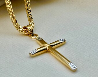 18k Gold Cross necklace , 18k Real Gold Foxtail chain with Cross pendant , For Him , Birthday Gift , Anniversary Gift ,Gold Cross Necklace .
