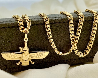 18k Gold Faravahar Necklace, symbol of Ahura Mazda, Handmade in Toronto , with Curb chain 21.5",4 mm, Faravahar symbol of Zoroastrian, Gift.