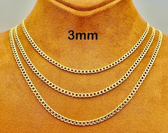 14k Real GOLD Curb Link Chain, 3MM, 14k Real Gold curb, For Gift, unisex Gold Chain, 14k Gold Chain, Birthday Gift, Anniversary gift.