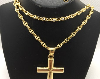 18k Real Gold cross necklace with anchor chain.