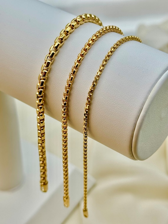 18K Real Gold Box Chain Bracelet 2mm, 2.5mm, 3.5mm, 5mm