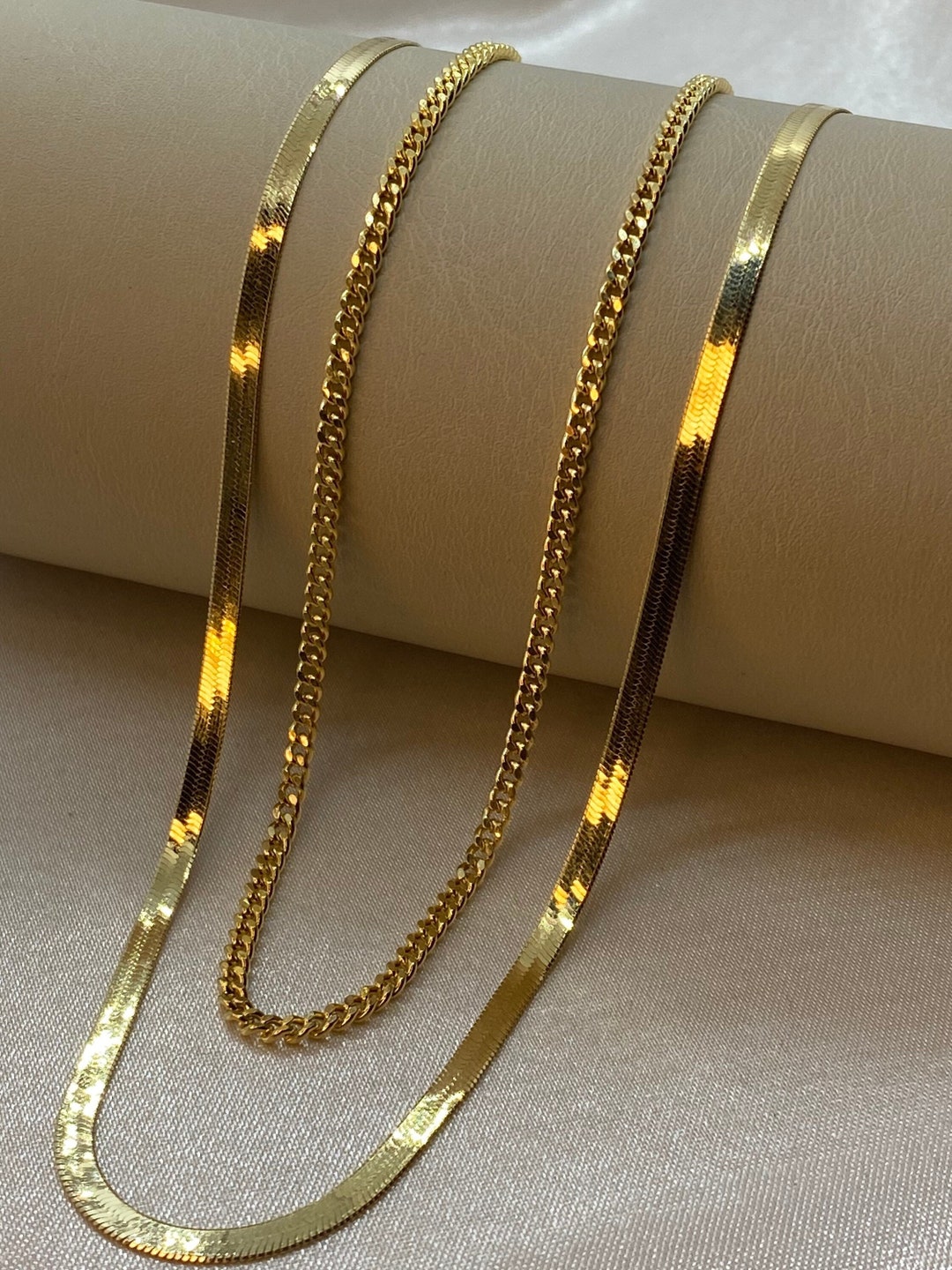 14K Solid Gold Herringbone Necklace With 14k Curb Chain Etsy