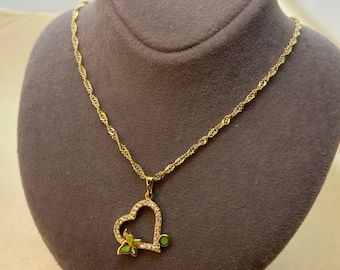 14k Gold Heart Necklace with butterfly with Singapore chain19.5", Heart Necklace , Gift necklace , Valentine GIFT, Real Gold Heart Necklace