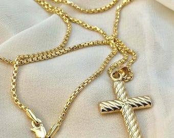 18k Gold Cross Necklace: 2mm Box Chain Pendant