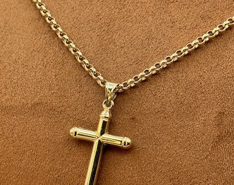 14k Gold Cross Necklace: Shiny Rolo Chain, 20 inch