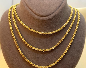 14k Solid Gold Rope Chain Necklace - Diamond Cut, 2mm