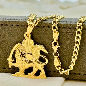 18k Solid Gold Shir o Khorshid Handmade, Lion and Sun Necklace, 19.5&quot;, 4mm, Symbol of Pahlavi, Made in Toronto, For Gift, Birthday gift .