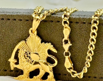 18k Solid Gold Shir o Khorshid Handmade, Lion and Sun Necklace, 19.5", 4mm, Symbol of Pahlavi, Made in Toronto, For Gift, Birthday gift .