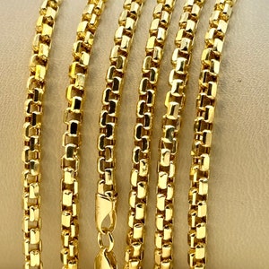 14K Real Gold Round  Box Chain Necklace, 20&quot;, 22&quot;,  23.5&quot; inches, 3.5mm Thickness, Real Gold Box Chain, Box Chain Gold, For Her, For Him.