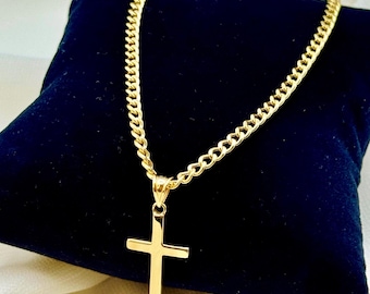 18k Gold Plain Cross Necklace: Diamond Cut Curb Chain