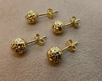 14k Gold Stud Ball Earring Diamond Cut , 14k Real Gold Earring , For her ,Birthday Gift , For Mom , Real Gold Stud earring ,Everyday Earring