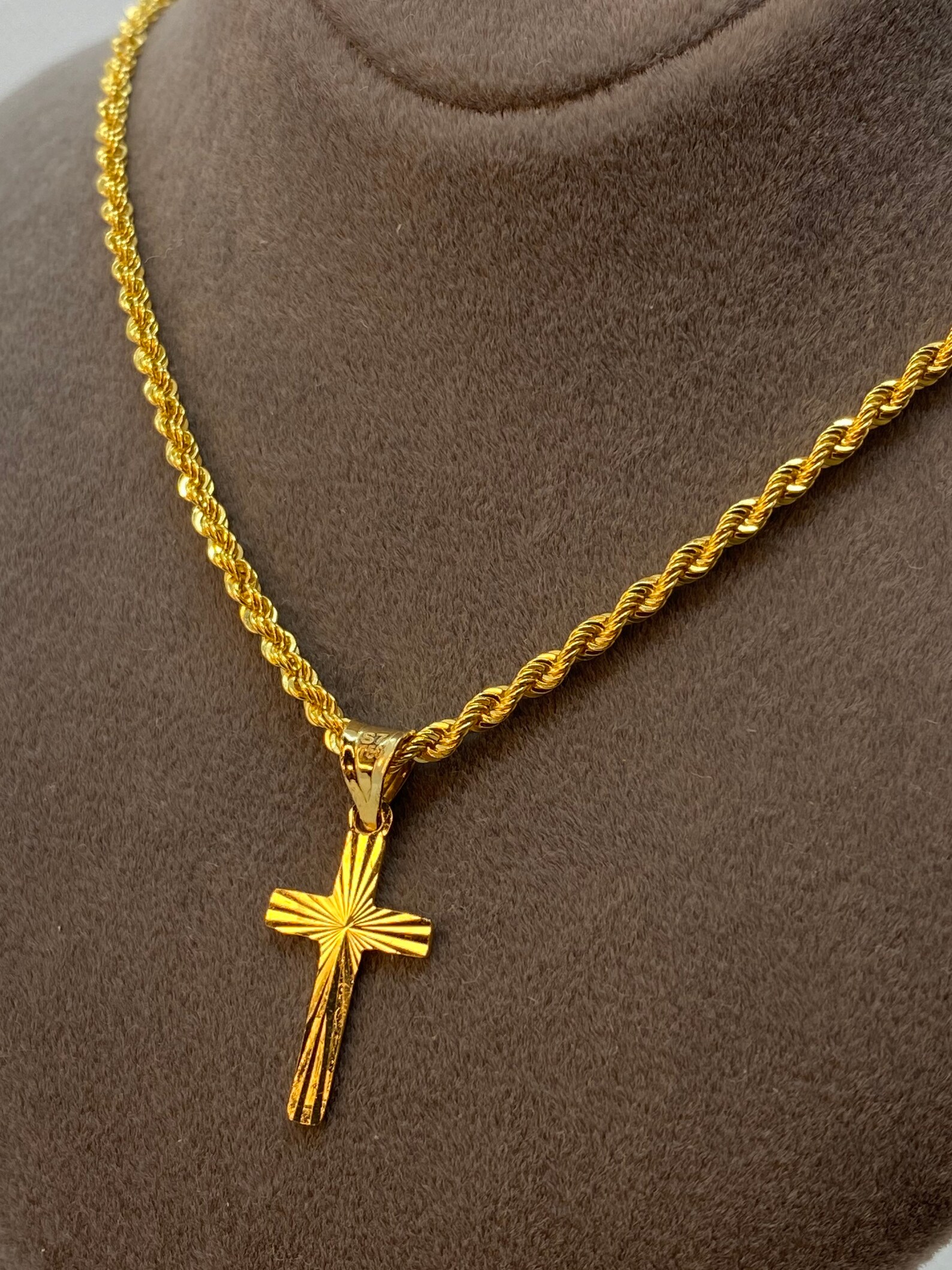 18k Solid Gold Cross Necklace Diamond Cut with Rope chain so Etsy