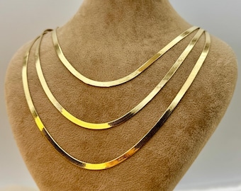 14K Solid Gold Herringbone Necklace, Snake Herringbone Choker, 16"- 22" ,14K Solid Yellow Gold  3.34mm Herringbone Necklace ,For Her