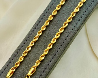 14K Solid Gold Rope Anklet Chain, Real Gold Rope Anklet, 14K Diamond-cut Rope Anklet, 4mm - 9”, 10” Gold Rope Anklet, Unisex, Gift!