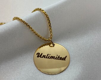 18k Gold pendant with engraving ,18k box chain , (unlimited) or any other custom word with different font available, initials,Name,unisex