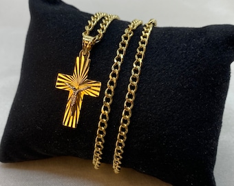 18k solid Gold Cross Necklace with curb Chain So Shiny and Durable, 18 inches,3.20 mm, Gift for Him ,For Her ,Birthday Gift, Jesus Necklace