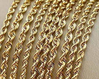 18k Real Gold Rope Chain Necklace: 2.3mm or 2.6mm