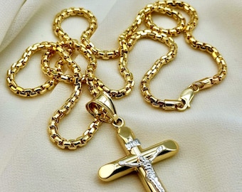 14k Gold Cross Necklace: INRI Crucifix Pendant, 24" Box Chain