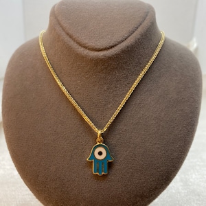 14k Gold Evil Eye Necklace 19.5&quot;,1.5mm , 14k Real Gold evil eye, Hamsa Pendant with foxtail necklace , For Her ,Gift For Her, Fatima Hand