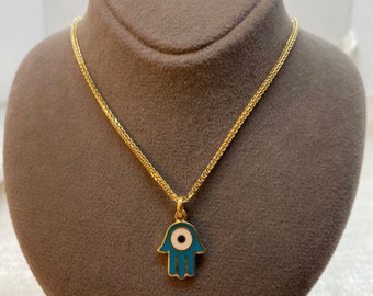 14k Gold Evil Eye Necklace 19.5",1.5mm , 14k Real Gold evil eye, Hamsa Pendant with foxtail necklace , For Her ,Gift For Her, Fatima Hand