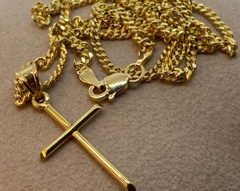 18k solid Gold Cross Necklace with curb chain Diamond Cut So Shiny and Durable, 24 inches,2mm,Gift for Him ,Birthday Gift, Christmas gift